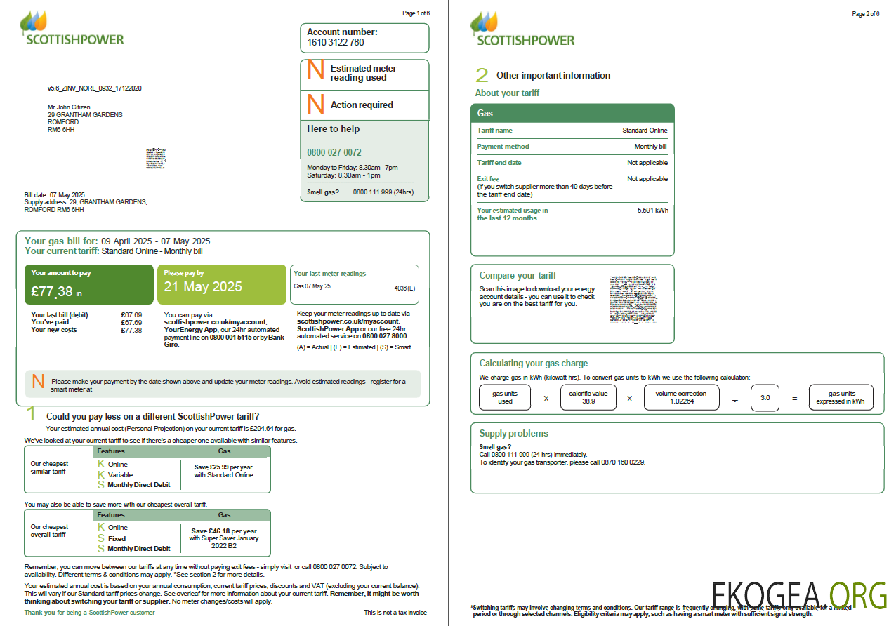 Scotland Scottish Power utility bill template in Word and PDF formats, 6 pages, 1 2 pages